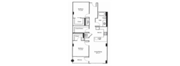 A floor plan of an apartment with a kitchen, living room, and two bedrooms.