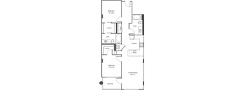 A floor plan of a small apartment with a bedroom, living room, kitchen, and bathroom.
