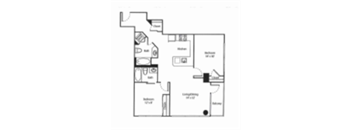 A floor plan of a house with a kitchen, living room, and two bedrooms.
