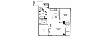 A floor plan of a small apartment with a living/dining area, kitchen, and two bedrooms.