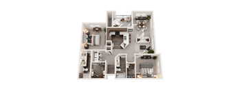A top-down view of a multi-level home interior with various rooms and furniture.
