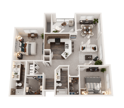 A top-down view of a multi-level home interior with various rooms and furniture.