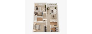 A top-down view of a small apartment layout with a kitchen, living room, and bedroom.