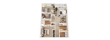 A top-down view of a small apartment with a living room, kitchen, and bedroom.
