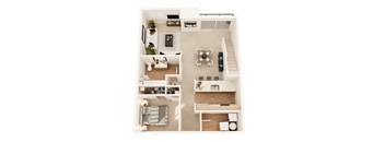 A top-down view of a small apartment with a living room, kitchen, and bedroom.