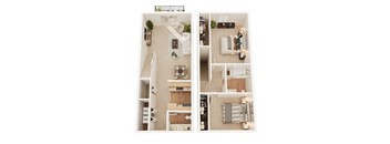 A top-down view of a small apartment with a living room, kitchen, and bedroom.