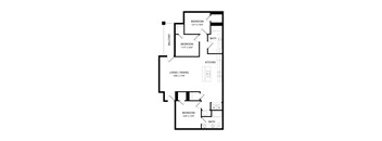 A black and white image of a floor plan for a home with four bedrooms, a living/dining area, a kitchen, and two bathrooms.