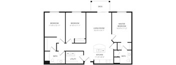 A black and white image of a house floor plan with a deck.