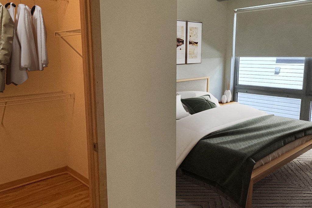 a bedroom with a bed and a dresser and a window