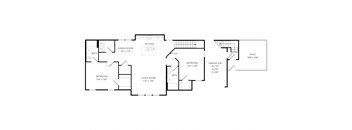 A floor plan of a house with a kitchen, dining room, living room, two bedrooms, a bathroom, and a patio.
