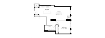a floor plan of a 1 bedroom floor plan with an open plan kitchen and living