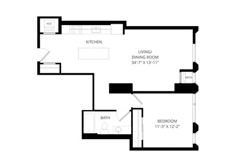 a floor plan of a 1 bedroom floor plan with an open plan kitchen and living