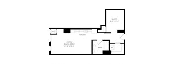 a floor plan of a 1 bedroom floor plan with an open floor plan and a
