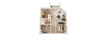A top down view of a living room with a couch, a chair, a coffee table, and a television.