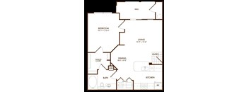 A floor plan of a house with a bedroom, living room, kitchen, dining room, bathroom, and walk-in closet.