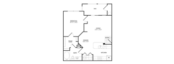 A black and white image of a house floor plan with a bedroom, living room, kitchen, dining room, bathroom, and entry.