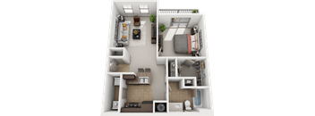 A 3D floor plan of a small apartment with a living room, kitchen, and bedroom.