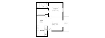 A black and white image of a floor plan for a small apartment.