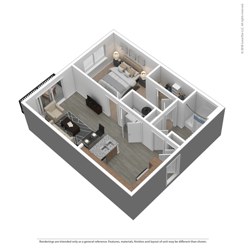 A 3D rendered image of a house layout.