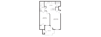 A floor plan of a home with a kitchen, living room, bedroom, bathroom, and balcony.