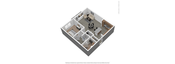 A 3D floor plan of a house with a living room, dining room, kitchen, and two bedrooms.