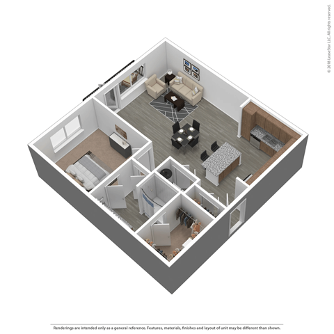 A 3D floor plan of a house with a living room, dining room, kitchen, and two bedrooms.