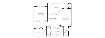 A black and white image of a house floor plan with a bedroom, dining room, living room, kitchen, bathroom, and patio.