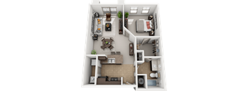 A 3D floor plan of a small apartment with a living room, kitchen, and bedroom.