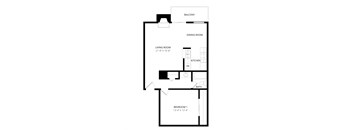 A black and white image of a floor plan for a home with a balcony, dining room, living room, kitchen, bath, and two bedrooms.