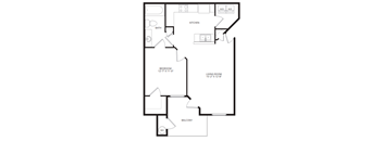 A floor plan of a home with a living room, kitchen, bathroom, bedroom, and balcony.