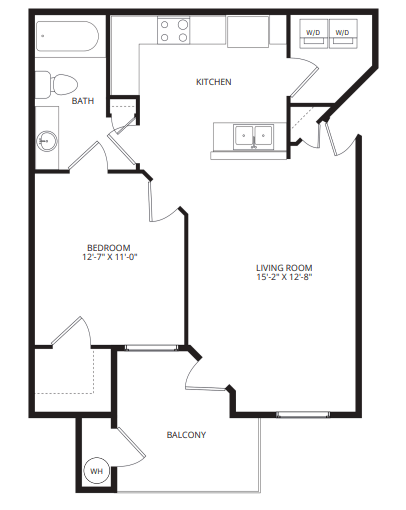 A floor plan of a home with a living room, kitchen, bathroom, bedroom, and balcony.