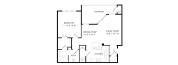 A floor plan of a house with a bedroom, dining room, living room, kitchen, and bath.