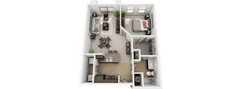 A 3D floor plan of a small apartment with a living room, kitchen, and bedroom.