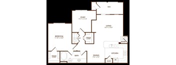 A floor plan of a house with a living room, dining room, kitchen, bedroom, study, bathroom, and pantry.