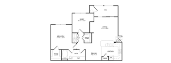 A floor plan of a house with a study, bedroom, bath, utility, living room, dining room, kitchen, and pantry.