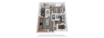 A 3D floor plan of a small apartment with a living room, kitchen, and bathroom.