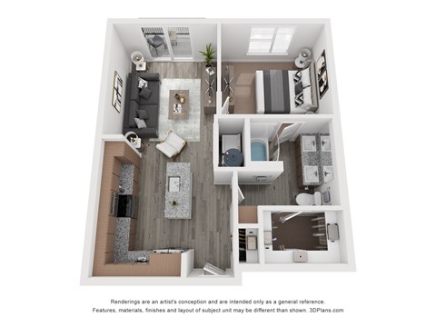 A 3D floor plan of a small apartment with a living room, kitchen, and bathroom.