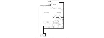 A black and white image of a house floor plan with a living room, kitchen, bathroom and bedroom.