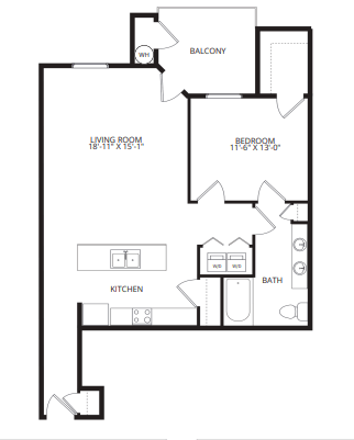 A black and white image of a house floor plan with a living room, kitchen, bathroom and bedroom.