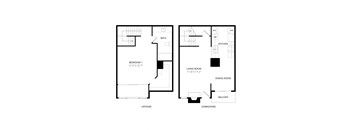 A floor plan of a two-story home with a living room, dining room, kitchen, two bedrooms, and two staircases.