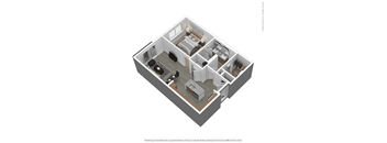 A 3D rendered image of a house layout.