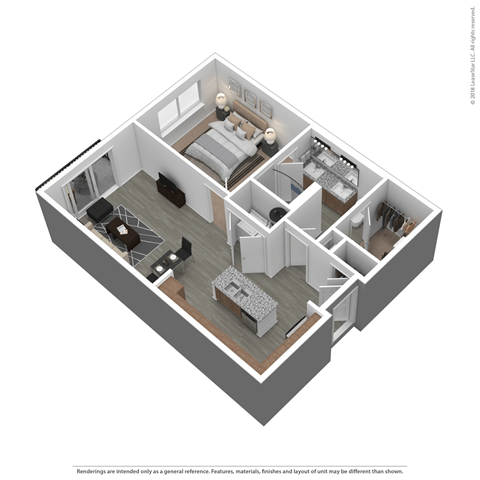A 3D rendered image of a house layout.