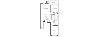 A floor plan of a home with a living room, kitchen, bedroom, bathroom, and garage.