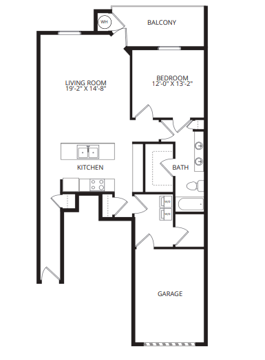 A floor plan of a home with a living room, kitchen, bedroom, bathroom, and garage.