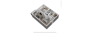 A 3D rendered image of a house layout.