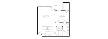 A black and white image of a house floor plan with a living room, kitchen, bathroom, and bedroom.