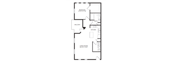 A floor plan of an apartment with a living room, kitchen, bathroom, and bedroom.
