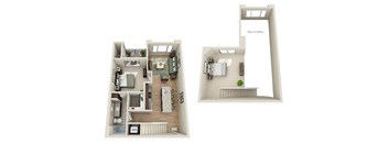 a stylized floor plan with a bedroom and a living room
