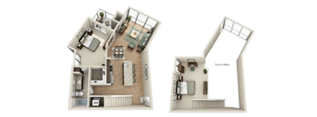 A floor plan of a two-bedroom apartment with a living room, kitchen, and bathroom.