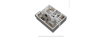 A 3D rendered image of a house layout.